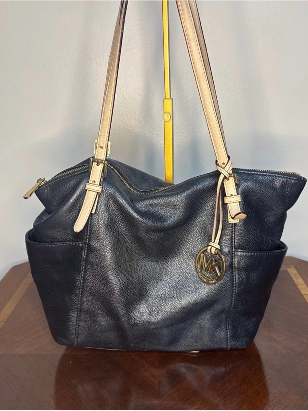 Michael Kors Black Leather Shoulder Bag with Cream Straps